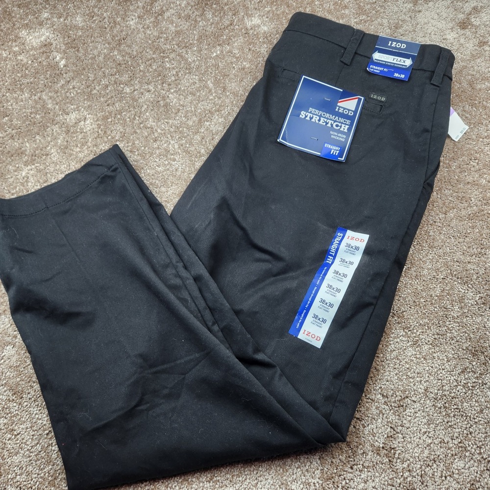 IZOD Mens Performance Stretch Straight Fit Flat Front Chino Pants Black 38x30